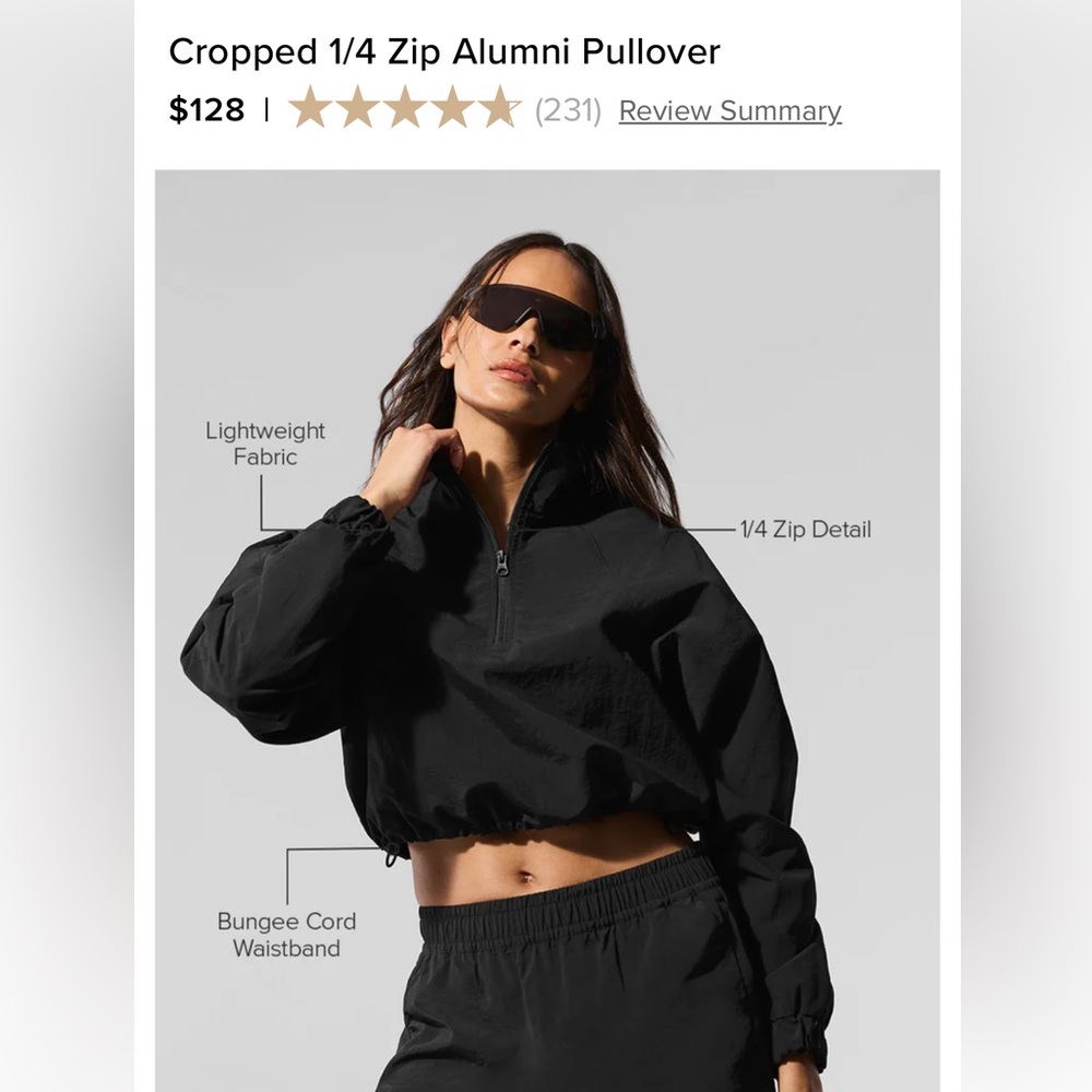 ALO Yoga Black Cropped 1/4 Zip Alumni Pullover